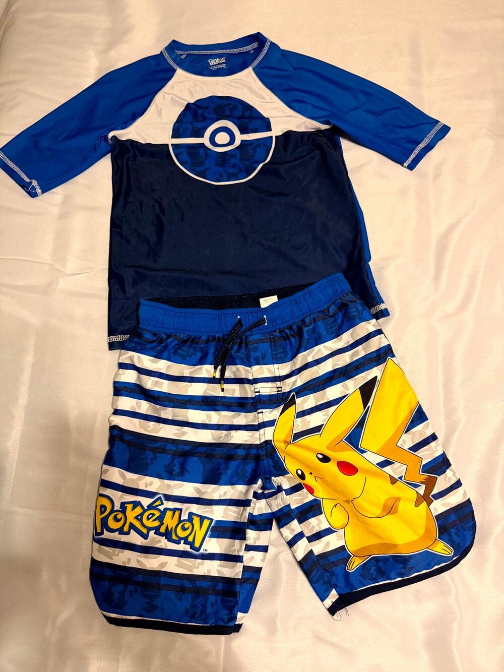Pokémon Pikachu Boys Swim Set Size 8/10 Rash Guard Shirt Board Shorts Blue
